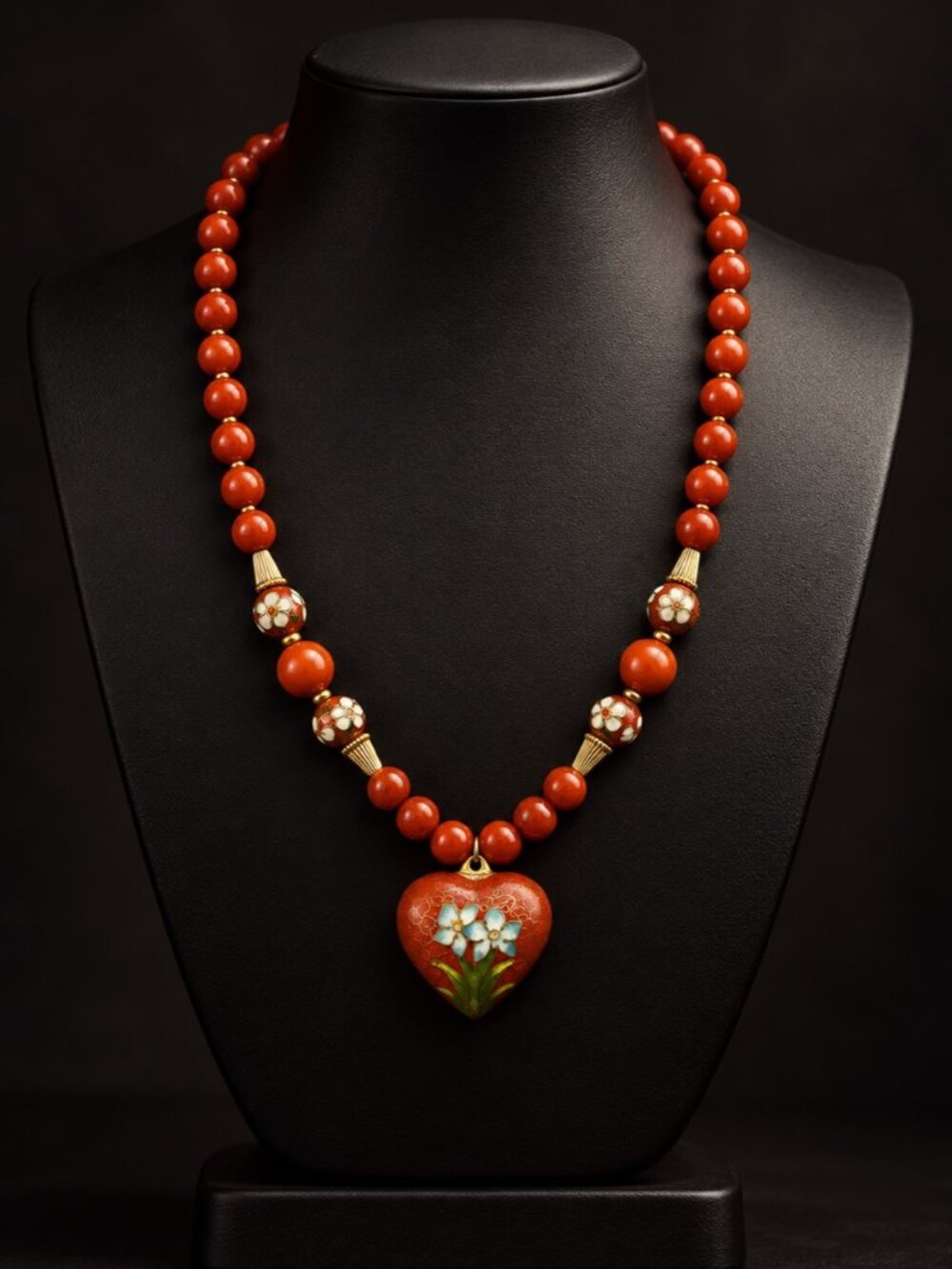 Vintage Signed Les Bernard Red Cloisonné Floral Heart Pendant Beaded Necklace